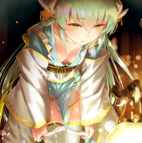 Anime picture 800x807 with fate (series) fate/grand order kiyohime (fate) yasuyuki single long hair tall image blush fringe light erotic hair between eyes green eyes very long hair traditional clothes japanese clothes horn (horns) light smile aqua hair wide sleeves leaning