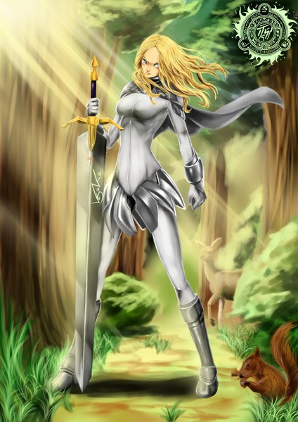 Anime picture 2480x3507 with claymore madhouse teresa fuuton87 (artist) single long hair tall image highres blue eyes blonde hair sunlight girl weapon plant (plants) animal tree (trees) cloak grass forest huge weapon