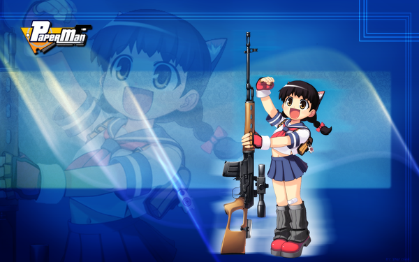 Anime picture 1680x1050 with paper man wide image cat girl loli blue background girl gun bandaid