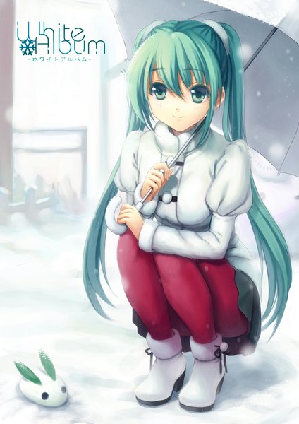 Anime picture 842x1191 with vocaloid hatsune miku xiangtu single tall image looking at viewer sitting twintails very long hair aqua eyes aqua hair snowing winter snow squat girl skirt snowflake (snowflakes) snow rabbit