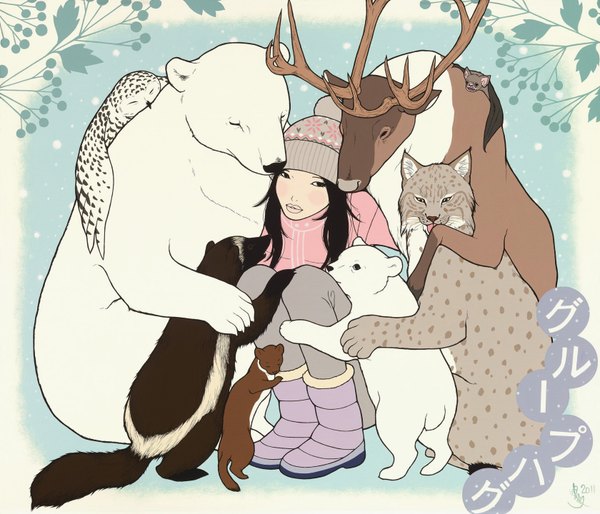 Anime picture 1680x1440 with original yumiko kayukawa long hair black hair hug snowing winter squat framed girl animal bird (birds) cap winter clothes bat deer owl reindeer polar bear lynx