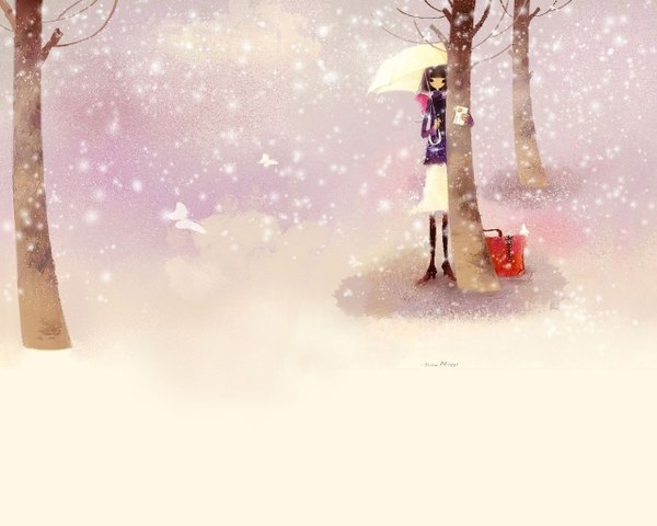 Anime picture 1280x1024 with mizzi (artist) single short hair snowing snow insect wings butterfly wings girl plant (plants) tree (trees) insect butterfly umbrella bag letter