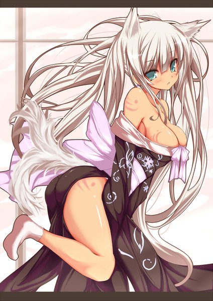 Anime picture 867x1227 with original shugami (artist) single tall image looking at viewer blush breasts light erotic large breasts bare shoulders animal ears full body bent knee (knees) ass tail very long hair traditional clothes parted lips head tilt japanese clothes