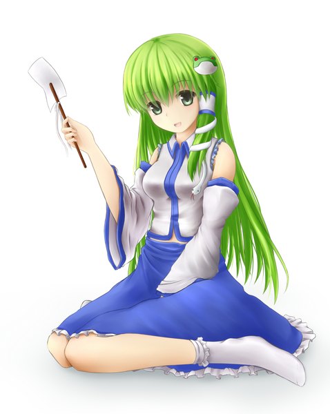 Anime picture 1500x1884 with touhou kochiya sanae af-henrytz single long hair tall image open mouth simple background white background green eyes :d green hair girl detached sleeves socks white socks hair tubes snake frog