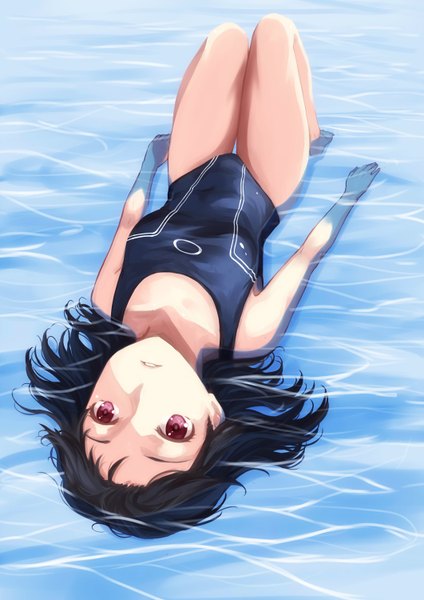 Anime picture 1061x1500 with original deras single long hair tall image looking at viewer open mouth black hair pink eyes sunlight girl swimsuit water