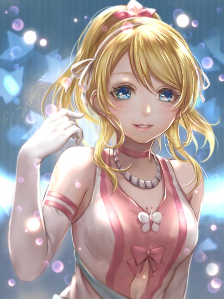 Anime picture 825x1100 with love live! school idol project sunrise (studio) love live! ayase eli ao+beni single long hair tall image looking at viewer fringe blue eyes blonde hair smile ponytail parted lips light smile lips inscription sparkle lipstick