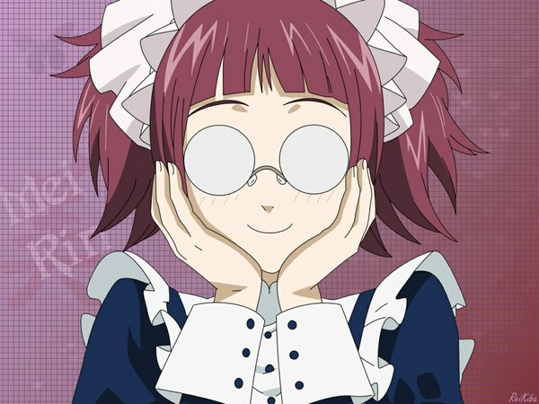 Anime picture 1152x864 with kuroshitsuji a-1 pictures maylene looking at viewer blush short hair smile twintails pink hair maid short twintails girl glasses headdress maid headdress