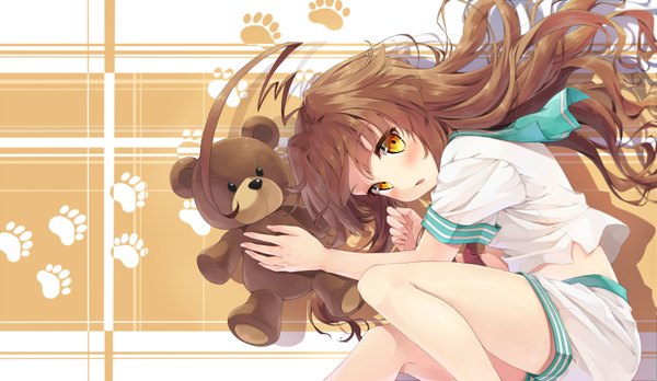 Anime picture 1680x977 with kantai collection kuma light cruiser kakao rantan single long hair looking at viewer blush open mouth brown hair wide image yellow eyes footprints girl toy stuffed animal sailor suit teddy bear