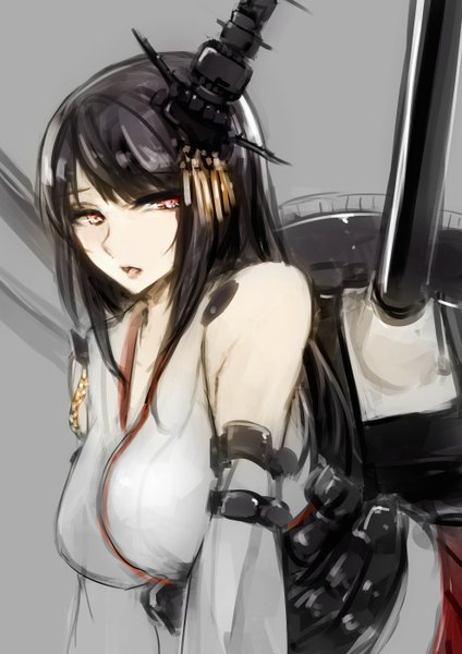 Anime picture 990x1400 with kantai collection fusou battleship kyouya (mukuro238) single long hair tall image looking at viewer open mouth black hair simple background red eyes traditional clothes japanese clothes grey background nontraditional miko girl hair ornament weapon tongue gun