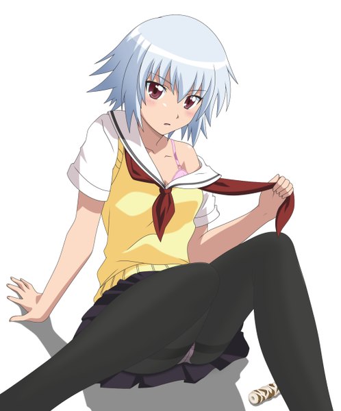 Anime picture 1080x1300 with ben-tou david production yarizui sen smile (rz) single tall image looking at viewer blush short hair light erotic simple background red eyes white background sitting blue hair off shoulder pantyshot undressing girl skirt