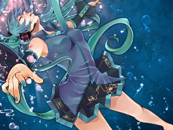 Anime picture 1400x1050 with vocaloid hatsune miku single long hair open mouth twintails eyes closed nail polish aqua hair spread arms underwater girl skirt detached sleeves miniskirt necktie headphones bubble (bubbles)