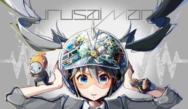 Anime picture 2000x1166 with vocaloid hatsune miku nou single looking at viewer highres open mouth blue eyes wide image twintails blue hair horn (horns) grey hair inscription hand on head girl animal water bodysuit sunglasses