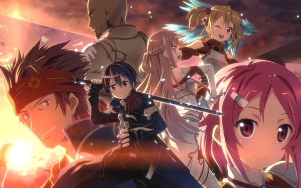 Anime picture 2560x1600 with sword art online a-1 pictures yuuki asuna kirigaya kazuto silica lisbeth ryoutarou tsuboi agil yuuki tatsuya long hair looking at viewer highres short hair black hair red eyes brown hair wide image twintails multiple girls pink hair