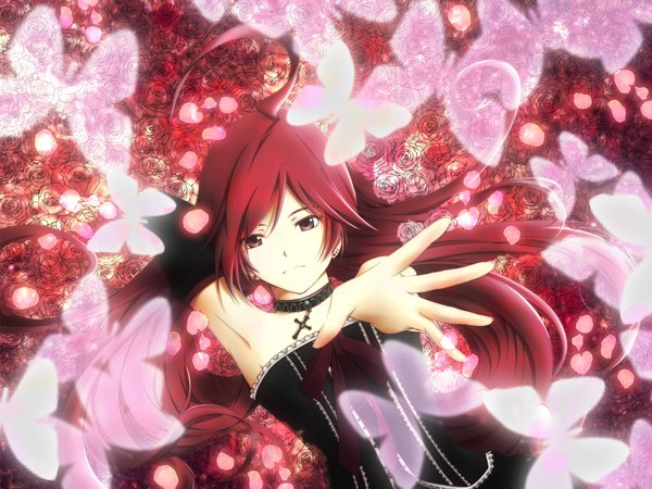 Anime picture 2000x1500 with vocaloid miki (vocaloid) mujun (zipper) single long hair highres red eyes ahoge red hair outstretched arm girl rose (roses) insect butterfly collar corset