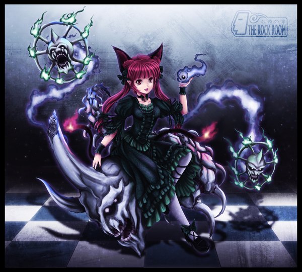 Anime picture 1662x1500 with touhou kaenbyou rin skyspace (artist) long hair open mouth red eyes twintails animal ears red hair cat ears extra ears checkered girl dress bow skull