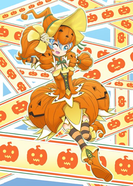 Anime picture 689x966 with monster hunter mana12 single tall image looking at viewer blush short hair open mouth blue eyes smile blue hair one eye closed wink halloween girl hat vegetables pumpkin