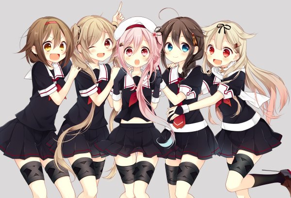 Anime picture 1268x866 with kantai collection shigure destroyer yuudachi destroyer murasame destroyer harusame destroyer shiratsuyu destroyer naoto (tulip) long hair blush fringe short hair open mouth blue eyes black hair blonde hair smile hair between eyes red eyes brown hair standing
