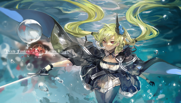 Anime picture 3500x2000 with original pixiv fantasia pixiv fantasia fallen kings armeechef saberiii single long hair highres blonde hair red eyes wide image twintails looking away inscription underwater swimming girl dress gloves hair ornament