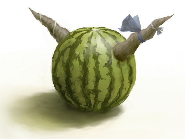 Anime picture 1089x819 with touhou ibuki suika wamtail horn (horns) realistic pun food fruit berry (berries) watermelon