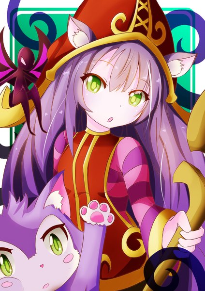 Anime picture 1000x1414 with league of legends lulu (league of legends) sylphinesnowphire (artist) single long hair tall image green eyes animal ears purple hair fairy girl hat animal staff