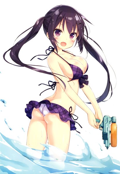 Anime picture 2274x3300 with gochuumon wa usagi desu ka? white fox tedeza rize kani biimu single long hair tall image looking at viewer blush highres breasts open mouth light erotic black hair smile large breasts purple eyes ass wet partially submerged