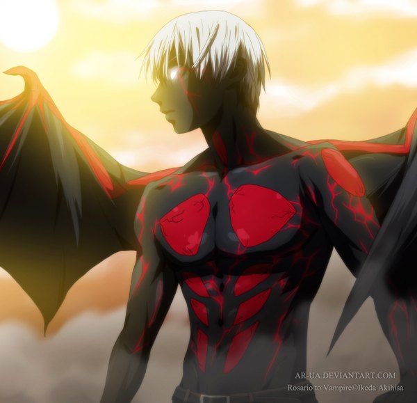 Anime picture 1400x1352 with rosario+vampire aono tsukune ar-ua single short hair sky cloud (clouds) white hair profile sunlight coloring muscle bat wings blank eyes boy sun