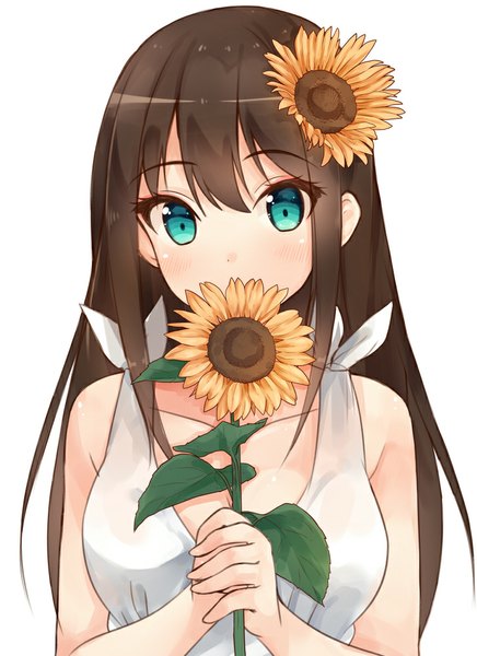 Anime picture 727x1000 with idolmaster idolmaster cinderella girls shibuya rin hiiragi hajime single long hair tall image looking at viewer blush fringe breasts simple background brown hair white background bare shoulders cleavage hair flower aqua eyes covering covering face