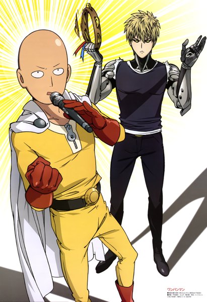 Anime picture 4070x5940 with one-punch man madhouse saitama (one-punch man) genos toda mai tall image looking at viewer fringe highres short hair open mouth simple background brown hair holding yellow eyes absurdres bent knee (knees) multiple boys shadow eyebrows