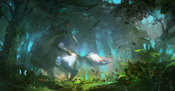 Anime picture 1920x1003 with mononoke hime studio ghibli san moro no kimi kodama (mononoke hime) zudarts lee single highres wide image sitting bare shoulders holding signed yellow eyes looking away bent knee (knees) sunlight shadow girl weapon