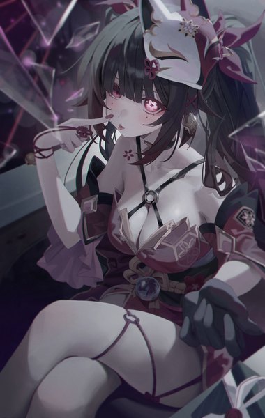 Anime picture 4491x7092 with honkai: star rail honkai (series) sparkle (honkai: star rail) mirrorapo yemp single long hair tall image looking at viewer blush fringe highres breasts light erotic black hair red eyes large breasts sitting twintails bare shoulders payot