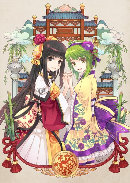 Anime picture 1000x1414 with original fei (pixiv) long hair tall image looking at viewer short hair open mouth black hair smile multiple girls brown eyes signed yellow eyes cloud (clouds) hair flower green hair light smile floral print holding hands mountain