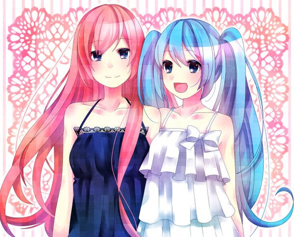 Anime picture 2600x2100 with vocaloid hatsune miku megurine luka long hair highres open mouth blue eyes twintails bare shoulders multiple girls pink hair aqua hair girl 2 girls sundress