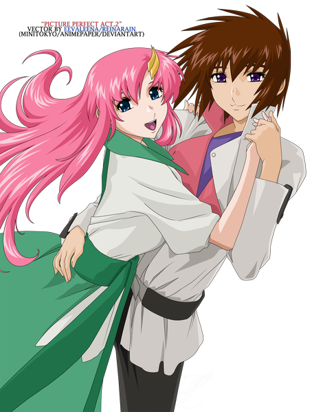 Anime picture 1500x1980 with gundam seed destiny lacus clyne kira yamato tall image open mouth smile brown hair pink hair grey eyes couple hug transparent background vector girl boy hair ornament choker hairclip
