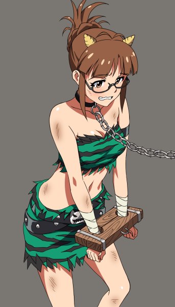 Anime picture 686x1200 with idolmaster akizuki ritsuko kaimu (pixiv) single tall image simple background brown hair bare shoulders brown eyes horn (horns) grey background girl glasses belt chain collar bandage (bandages) shackles cuffed