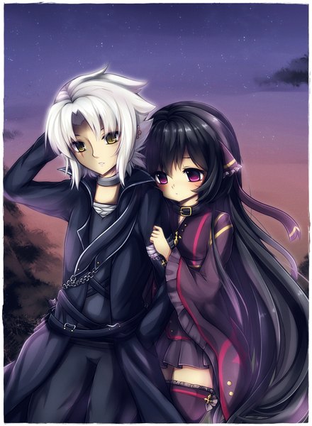 Anime picture 1422x1940 with midna01 tall image blush fringe short hair black hair yellow eyes white hair very long hair pink eyes piercing ear piercing girl thighhighs boy collar clothes