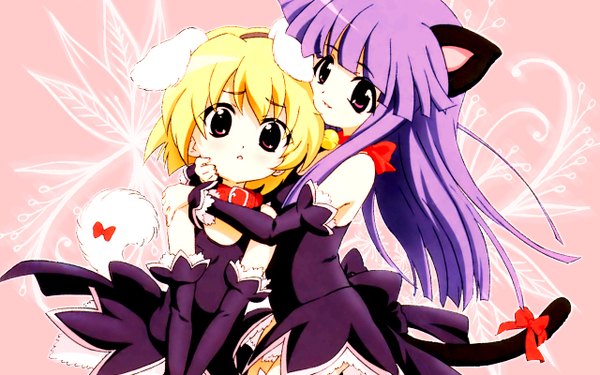 Anime picture 1280x800 with higurashi no naku koro ni studio deen furude rika houjou satoko wide image animal ears cat girl pink background girl