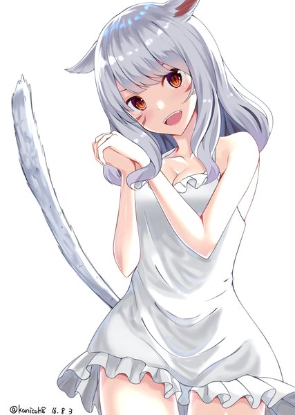 Anime picture 2521x3541 with final fantasy final fantasy xiv square enix miqo'te kanikou single long hair tall image looking at viewer blush fringe highres breasts open mouth simple background smile standing white background bare shoulders signed
