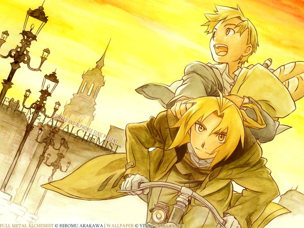 Anime picture 1600x1200 with fullmetal alchemist studio bones edward elric alphonse elric looking at viewer fringe short hair open mouth blonde hair smile yellow eyes sky multiple boys boy gloves building (buildings) 2 boys coat ground vehicle bicycle