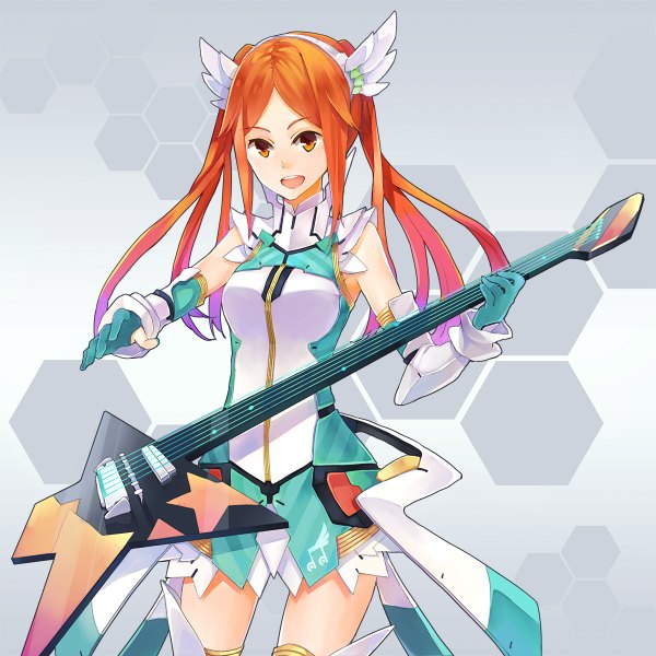 Anime picture 1200x1200 with phantasy star phantasy star online sega quna (pso2) hao (patinnko) single long hair looking at viewer open mouth twintails bare shoulders orange hair grey background orange eyes girl gloves hair ornament elbow gloves guitar