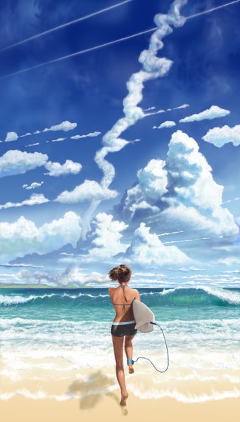 Anime picture 1700x2991 with 5 centimeters per second sumida kanae inasan56 tall image highres brown hair sky cloud (clouds) from behind beach back running surfing girl sea wave (waves)