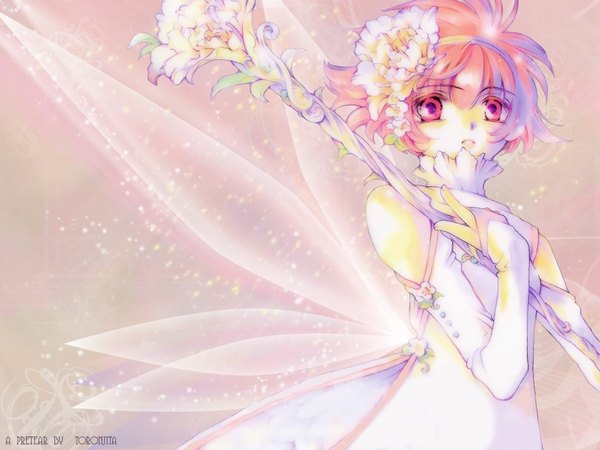 Anime picture 1024x768 with new snow white's legend pretear awayuki himeno short hair simple background bare shoulders pink hair red hair pink eyes hair flower girl dress hair ornament flower (flowers) detached sleeves wings staff