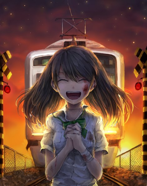 Anime picture 1180x1500 with original kokemozuku kokemotto single tall image fringe short hair open mouth brown hair eyes closed evening happy bloody clothes bleeding suicide girl bow shirt bowtie blood
