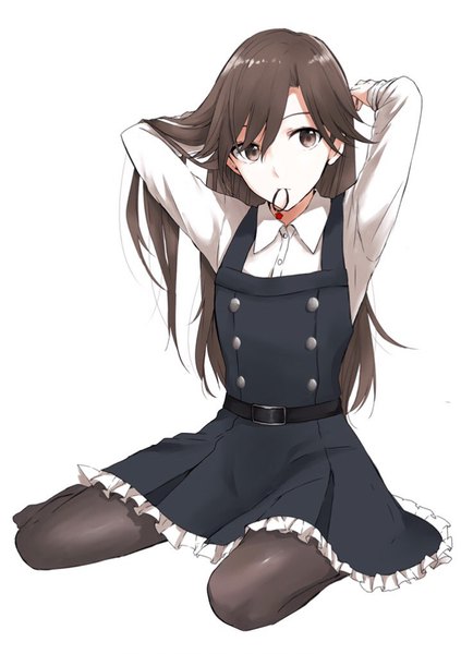 Anime picture 719x1019 with kantai collection arashio destroyer morinaga (harumori) single long hair tall image simple background brown hair white background sitting holding brown eyes full body mouth hold wariza arms behind head remodel (kantai collection) hair tie in mouth girl dress