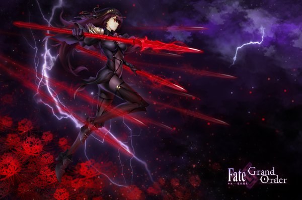 Anime picture 4949x3290 with fate (series) fate/grand order scathach (fate) (all) scathach (fate) kause single long hair highres light erotic red eyes holding payot looking away absurdres sky purple hair full body bent knee (knees) night night sky