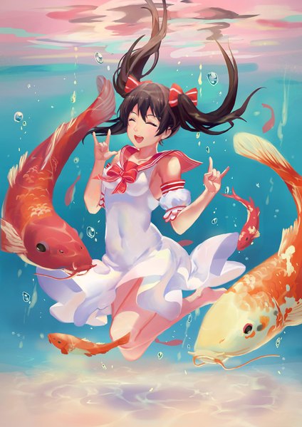 Anime picture 1100x1556 with love live! school idol project sunrise (studio) love live! yazawa nico atdan long hair tall image blush fringe open mouth black hair twintails bare shoulders bent knee (knees) eyes closed barefoot bare legs no shoes happy underwater