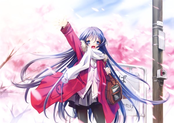 Anime picture 4603x3263 with original eshi 100-nin ten senomoto hisashi single blush highres open mouth blue eyes black hair absurdres very long hair open clothes open jacket girl skirt plant (plants) miniskirt petals tree (trees) scarf