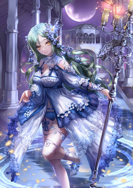 Anime picture 1500x2122 with original shenteita (sharkpunk) single long hair tall image looking at viewer light erotic holding yellow eyes bent knee (knees) barefoot hair flower green hair pointy ears night night sky outstretched arm fantasy walking girl