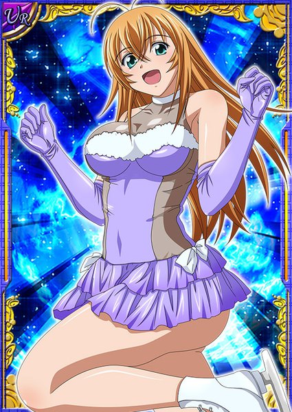 Anime picture 567x800 with ikkitousen sonsaku hakufu single long hair tall image fringe light erotic blonde hair hair between eyes bare shoulders green eyes ahoge bent knee (knees) fur trim happy card (medium) jumping girl gloves bow