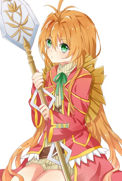 Anime picture 1181x1748 with kamisama no inai nichiyoubi ai astin single long hair tall image white background green eyes looking away orange hair girl dress shovel