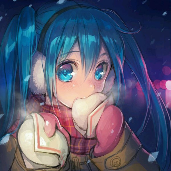 Anime picture 1024x1024 with vocaloid hatsune miku yamori (stom) single long hair looking at viewer blush blue eyes twintails blue hair winter snow eating exhalation steam cold girl headphones scarf coat
